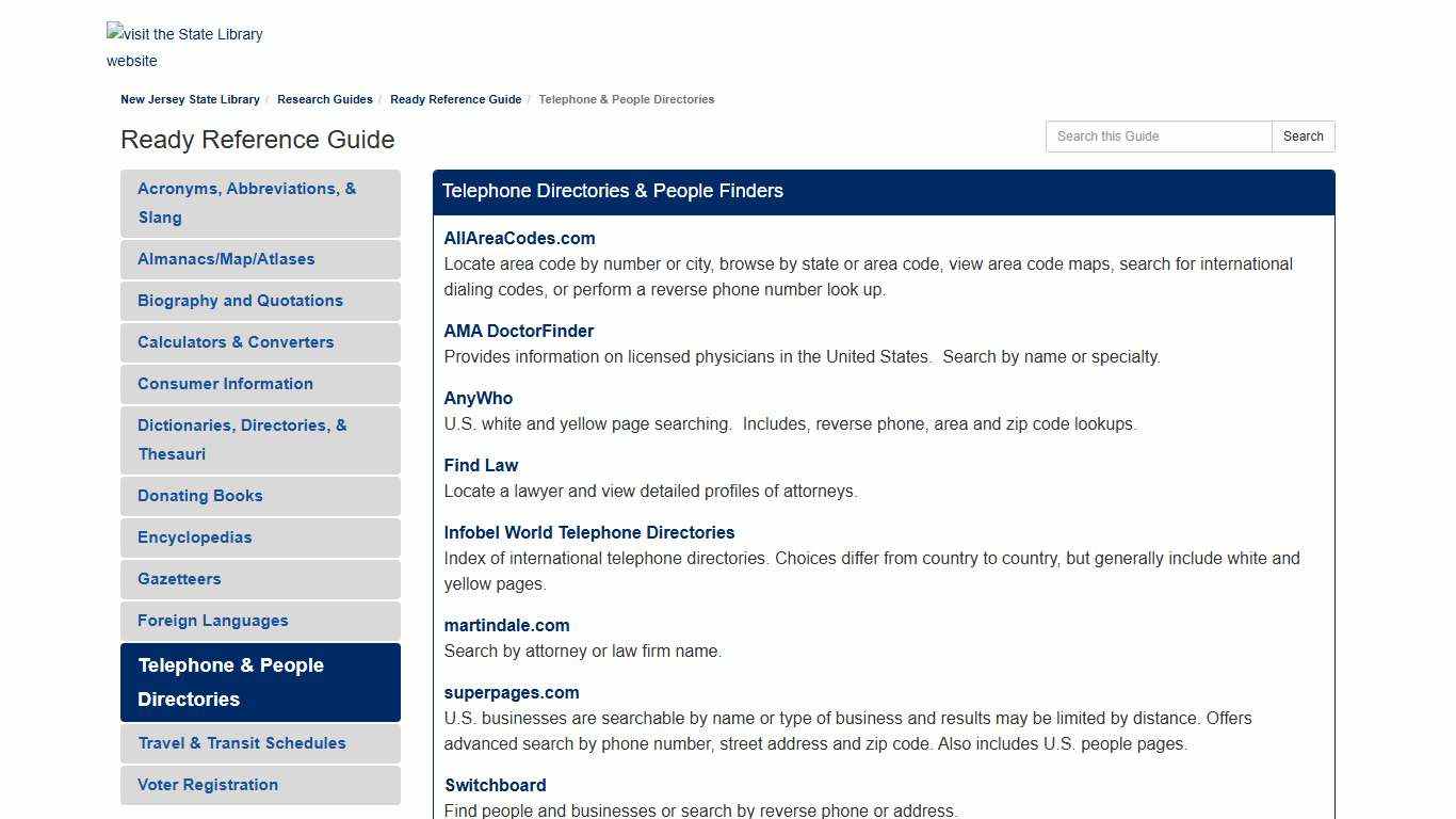 Telephone & People Directories - Ready Reference Guide - Research Guides at New Jersey State Library